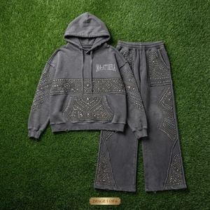 Conjunto Deportivo Personalizado para Mujer, Sudadera con Capucha Extra Grande, Color Gris Oscuro, Estilo Vintage, con Cierre y Bordado, Pantalones Deportivos Anchos de Felpa de Algodón, OEM - Product Image 6
