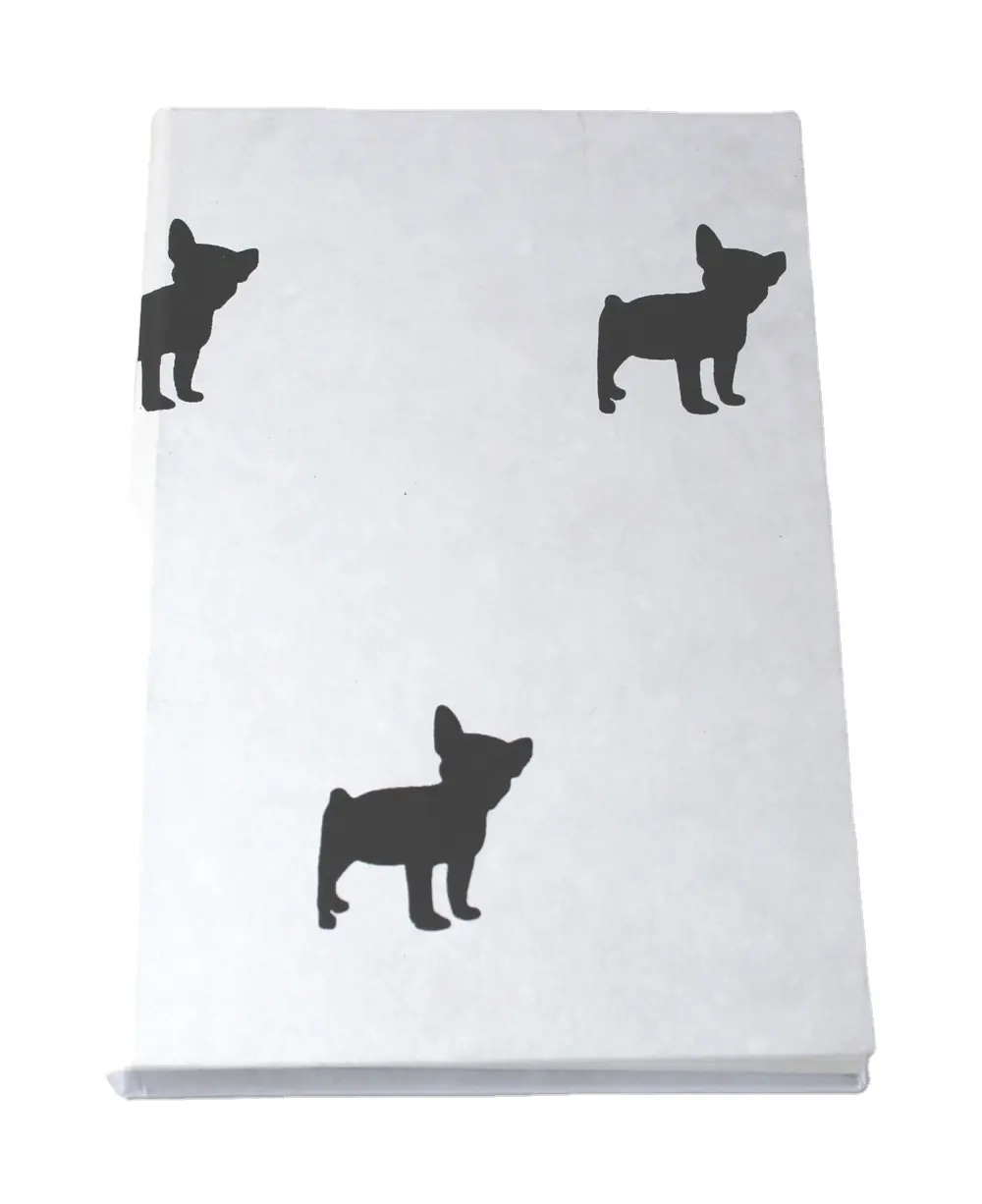 Carnet de notes en papier de coton fait à la main en couverture rigide blanc avec impression de chien de taureau français noir élégant et élégant