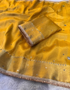 KV Traditional Silk Banarasi Tissue Saree (Yellow)-Party Wear Wrinkle-Free - Product Image 4