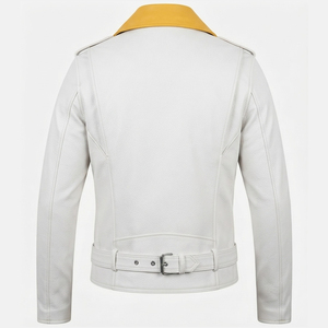 Custom Unisex White & <b>Yellow</b> Biker Leather Jacket Motorcycle Zip Belted Fashion <b>Coat</b> Premium Slim Fit Moto Jacket for Unisex - Product Image 2