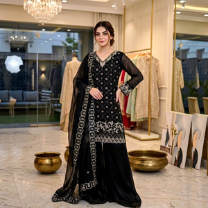 Traje Anarkali de seda negro bordado para mujer, ropa étnica tradicional para boda, estilo indio pakistaní - Product Image 1