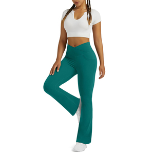 Women's Flat Front Mid Waist Flare <b>Leggings</b> Breathable Elastic Waist <b>With</b> <b>Pockets</b> High Stretch Women Outdoor Casual Pants - Product Image 5