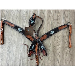 Western <b>Black</b> & Tan Leather Horse Headstall and Breast Collar Set Hand Tooled Floral Turquoise Inlay Tack - Product Image 1