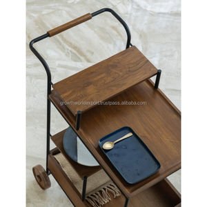 Chariot de service et de rangement moderne en bois massif et métal avec grandes roues |   Chariot utilitaire robuste pour la maison et le café 2026 - Product Image 4