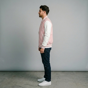 Veste en laine rose pour homme avec manches blanches, col et poignets en tricot côtelé, fermeture éclair intégrale, streetwear décontracté haut de gamme, vêtement d'extérieur bicolore personnalisé - Product Image 3