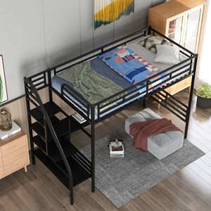 Letto a soppalco matrimoniale in metallo nero con scrivania, non richiede rete a molle, ideale per dormitorio - Product Image 2