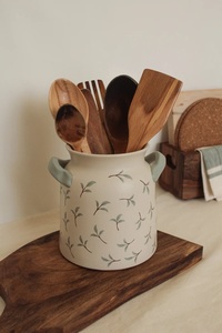 Hand Painted Ceramic <b>Utensil</b> Holder Dual Handle Farmhouse Design Smooth Glaze High Fired Durable Kitchen Counter Storage Jar - Product Image 2
