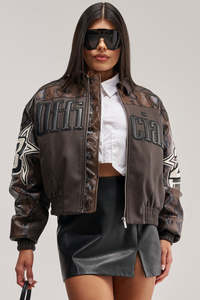<b>Plus</b> <b>Size</b> Women's <b>Faux</b> <b>Leather</b> Bomber <b>Jacket</b> Solid Logo Front Zipper Closure Windproof Street Style Winter Wear Full Sleeve - Product Image 2