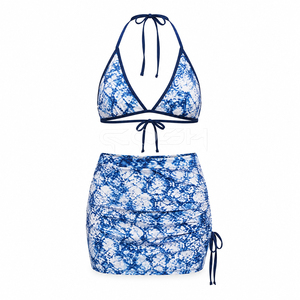 Women’s Blue Tie Dye <b>Two</b> <b>Piece</b> Beachwear <b>Set</b> With Halter Bikini Top And Adjustable Ruched Swim Skirt - Product Image 2