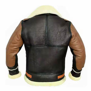 Blouson aviateur en cuir véritable pour homme avec doublure en fausse fourrure, design color block, coupe-vent, style motard, vêtement d'hiver - Product Image 4