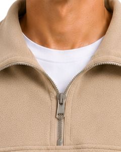 Beige <b>Men</b> Oversized Quarter Zip Sweatshirt <b>Pullover</b> Fleece Cotton Polyester Casual Winter Sweatshirt With Stand Collar Zip Neck - Product Image 4