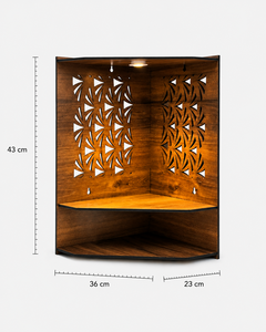 Hindu Wall Cabinet Polished Wooden Puja Temple Indian Handcrafted Wooden Corner Wall Mandir with <b>LED</b> <b>Light</b> Laser-Cut Jali Design - Product Image 1