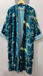 Bata Kimono Larga de Terciopelo Suave con Estampado Animal para Mujer, Manga Tres Cuartos, Sin Cuello, Ropa de Estar por Casa de Verano - Product Image 3