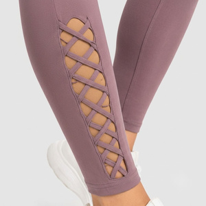 Leggings taille haute de couleur unie avec découpe en treillis, longueur intégrale, extensibles, décontractés, sans coutures, toutes saisons, pour femmes - Product Image 3
