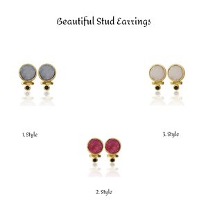 Blanc Druzy Double Gemstone Plaqué Or Forme Ronde Boucles D'oreilles Élégantes À La Main À La Mode Stud Ensemble de Bijoux - Product Image 2