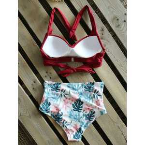 Women's Red <b>Crossed</b> Halter Bikini Set Floral High Waist Bottom Spandex Polyester Stretch Twist Design - Product Image 2