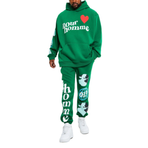 Ensemble de survêtement et sweat à capuche 100 % coton personnalisable pour homme avec impression en relief, pantalon de jogging évasé et coupe-vent - Product Image 1