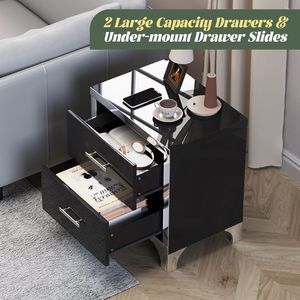 Mesita de Noche Moderna con Acabado Brillante y Espejo, con 2 Cajones y Tiradores de Madera y Metal - Product Image 5