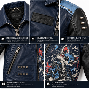 Chaqueta de cuero azul para hombre, estilo rock, con gráficos de zorro, con tachuelas, estilo motero, cuello de solapa, proveedor mayorista de fábrica OEM ODM personalizado - Product Image 6