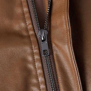 Chaqueta de Cuero Marrón para Hombre, Estilo Motero, Cierre de Cremallera, Cuello Camisero, Corte Regular, Color Sólido, Ropa para Exteriores - Product Image 6