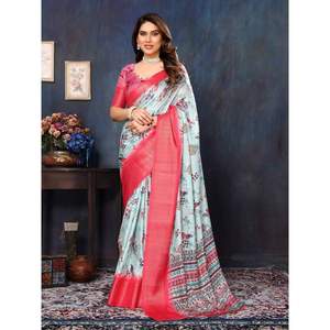 ATTRACTIVE BANARASI SOIE IMPRIMÉ NUMÉRIQUE ET JACQUARD TRAVAIL SAREE AVEC BLOUSE NON COUCHÉE RANI - Product Image 1