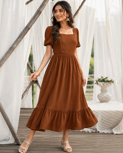 Vestido Midi de Lino y Algodón con Volantes, Mangas Abullonadas, Cintura Imperio, Estilo Bohemio, Transpirable, Fruncido, Marrón, Verano, Vintage, Venta al por Mayor - Product Image 1