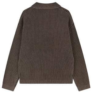 Pull polo côtelé pour homme, marron, manches longues, en maille texturée douce, délavé, décontracté, hiver, mélange de coton, OEM - Product Image 2