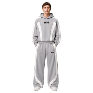 Conjuntos de sudaderas con capucha de algodón extragrandes con paneles en contraste OEM para hombre, pantalones de chándal de forro polar grueso de pierna ancha, top con cremallera frontal y bloques de color, venta al por mayor - Product Image 1