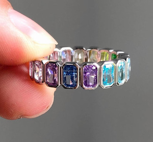 Multi Color Gemstone Radiant Cut Simulated Diamond Wedding Engagement Band Rainbow Color Bezel <b>Set</b> Full Eternity <b>Ring</b> for <b>Women</b> - Product Image 1