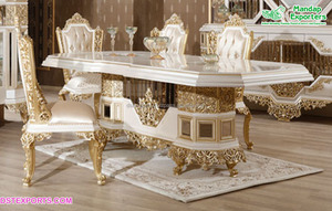 Ensemble de salle à manger en teck moderne luxueux de 7 pièces, table à manger blanche et dorée sculptée à la main - Product Image 6
