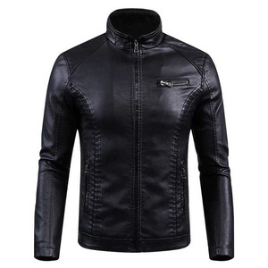 Chaqueta de Moto para Hombre, Negra, de Cuero Genuino, Impermeable, Ecológica, con Cuello Alto, Cierre de Cremallera, Color Sólido, Resistente al Viento, Corte Ajustado - Product Image 2