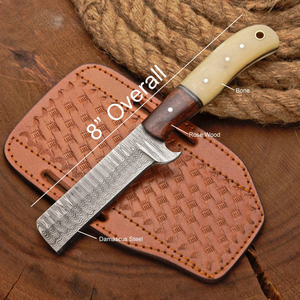 CUSTOM HANDMADE damascuc STEEL bull cutter <b>KNIFE</b> FIXED BLADE WITH rose wood & <b>bone</b> <b>HANDLE</b> & with LEATHER SHEATH - Product Image 5