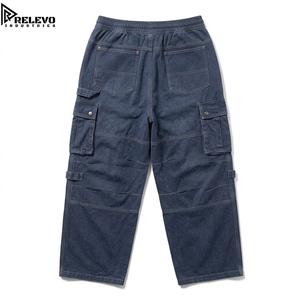 OEM Men <b>Vintage</b> Navy Blue <b>Cargo</b> Trousers, Streetwear Oversized Canvas Double Knee Utility <b>Pants</b> Metal Rivets Snap Flap Pockets - Product Image 2