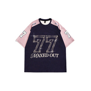 Custom Pearl <b>Studs</b> Number Tshirts Color Block Rhinestone Logo Loose Fit O-Neck Short Sleeve Hip Hop Casual <b>Men's</b> shirts Knitted - Product Image 2