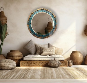 REHMAN CRAFT Turquoise & Antique Gold Mosaic Handmade LED <b>Round</b> <b>Wall</b> <b>Mirror</b> with MDF Wood & Bone Inlay - Product Image 6