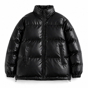 Unisex PU Puffer Jacket Solid Color Stand Collar Zipper Closure Windproof <b>Winter</b> Casual Loose Fit Regular Length <b>Thick</b> <b>Coat</b> - Product Image 3