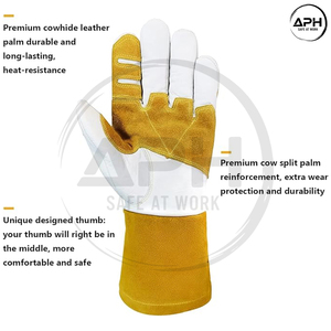 Wing Thumb Leather Shell <b>TIG</b> <b>Welding</b> <b>Gloves</b> White Grain Leather Golden Split Gauntlet Cuff High Heat Resistant Hand Gear - Product Image 2