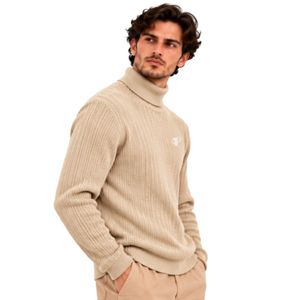 Suéter de cuello alto acanalado beige para hombre, jersey de punto cálido de manga larga para invierno, jersey de punto suave informal de moda con cuello alto - Product Image 2