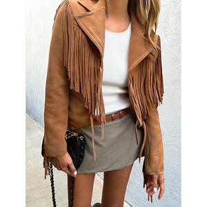 Premium Tan Women <b>Suede</b> Fringe <b>Leather</b> <b>Jacket</b> Front Lace Tie Closure Cognac Vintage Western Style Customization Available - Product Image 2