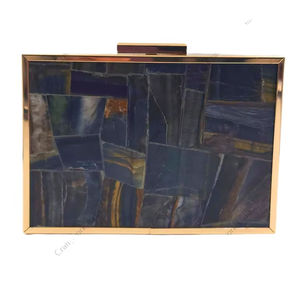 Natural Blue Tiger Eye Gemstone Panelled Clutch <b>Bag</b> With Gold Frame Luxury Handmade Womens Evening Party <b>Wedding</b> Box Handbag - Product Image 1