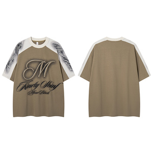 Camiseta Vintage Colorblock Raglan para <span class=keywords><strong>Hombre</strong></span>, Algodón Grueso de Alta Calidad, Gráfico de Letras con Pedrería, Corte Holgado - Product Image 3