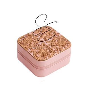 Western Girls Travel Jewelry Box Cute <b>Small</b> Tooled Leather Portable Zipper Jewelry Organizer Case with <b>Mirror</b> Pink Velvet Case - Product Image 2
