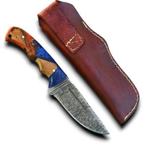 Cuchillo de hoja fija de acero de Damasco de grado industrial con punta caída y mango de resina de madera para camping, caza y uso al aire libre - ODM/OEM disponible - Product Image 1