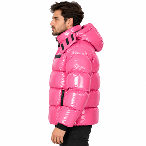 Manteau d'hiver épais pour homme avec capuche réglable, finition brillante et fermeture éclair sur le devant - Product Image 3