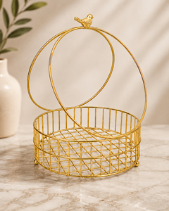 Golden Metal Wire Storage Basket Circle Shape With Bird Handle Elegant Home Decor Organizer for Kitchen and Living Space - Product Image 2