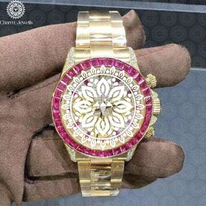 Reloj de Lujo para Hombre Charm, Bisel con Diamantes en Oro Rosa, Correa de Acero Inoxidable Roja, Movimiento Mecánico Analógico, Fecha Automática, Caja de 40 mm - Product Image 1
