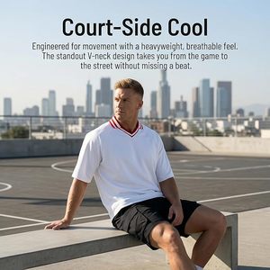T-shirt polo oversize pour homme, coupe carrée, col en V contrastant, streetwear, tissu extensible - Product Image 3