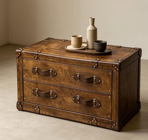 Table basse vintage en bois, coffre de rangement rustique avec tiroir en cuir, meuble décoratif pour salon - Product Image 3