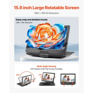 Écran portable HD pivotant de 15,6 pouces pour lecteur DVD, batterie rechargeable 4,5-5H, double haut-parleur, prise en charge de la synchronisation TV, format VCD - Product Image 2