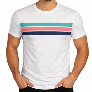 Camiseta Blanca Personalizada con Logotipo para Hombre, Estampado a Rayas en el Pecho, Manga Corta, Corte Ajustado Informal, Ropa de Verano - Product Image 2